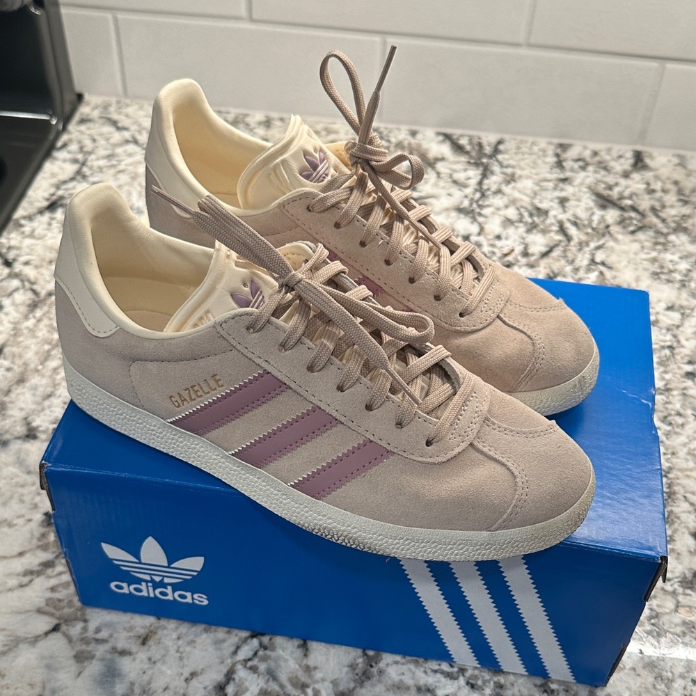 Adidas Gazelle Light Gray Suede and Purple Shoes